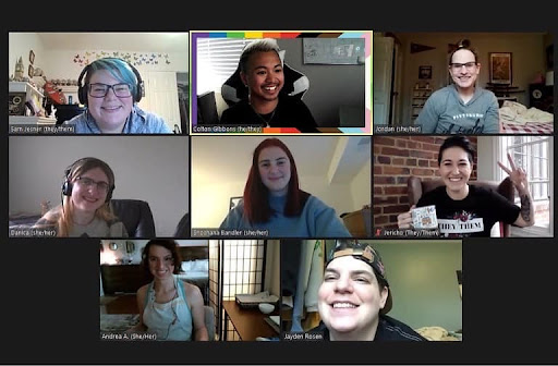 Screenshot of a Zoom meeting in gallery view.  Eight people of different ages, ethnicities, and gender expressions are on screen. | QueerDoc inclusive spaces