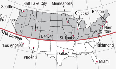 Map of the United States of America in grayscale.  A red line is drawn across the continent at the 37th parallel (roughly San Francisco to Richmond, VA.)  The area above the line is shaded a darker gray. | QueerDoc Bone Health