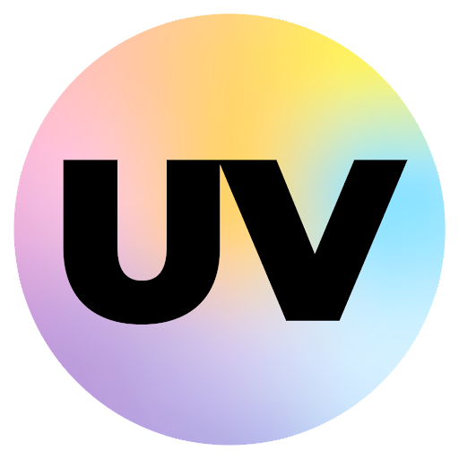 Undead Voice Lab logo. The letters UV are in bold, capital block text within a circle that softly transitions through the colors of the rainbow in pastel tones. | QueerDoc Voice Training