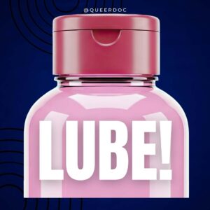 Close up of the top part of a flip-top plastic bottle with the text "LUBE!" in white capital block letters. The bottle is dusty pink with a brick rose cap. Both are on a dark blue background. | QueerDoc hair loss