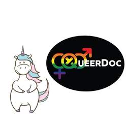 Cartoon unicorn with a white coat and pink and light blue mane and tail stands next to the QueerDoc logo. | QueerDoc newsletter announcement.