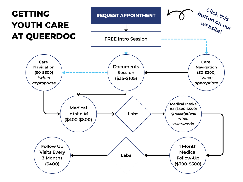 Youth gender affirming medical care onboarding flowchart for visits and appointments.