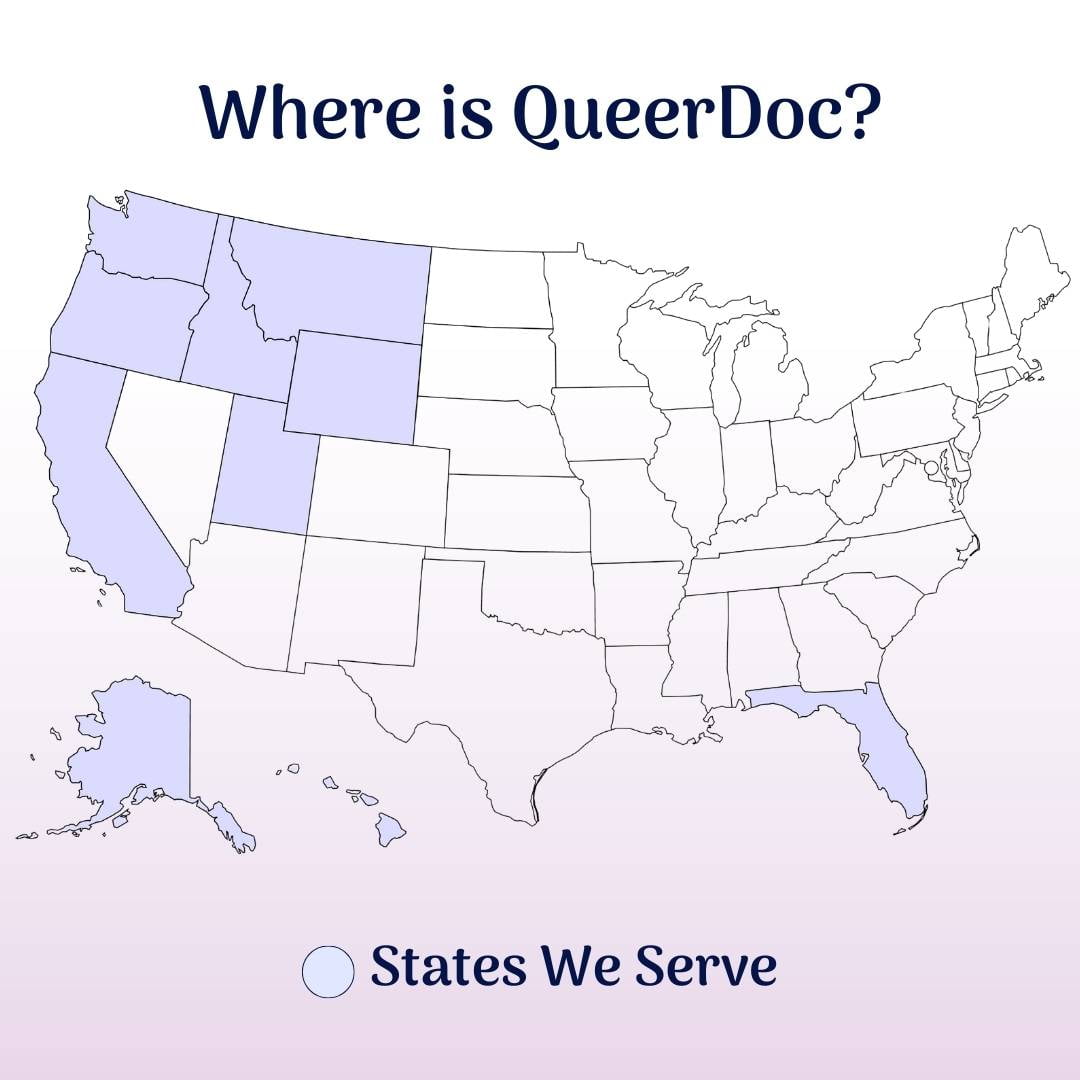 Map of the United States with AK, CA, FL, HI, ID, MT, OR, UT, WA, & WY in blue showing QueerDoc's service area.