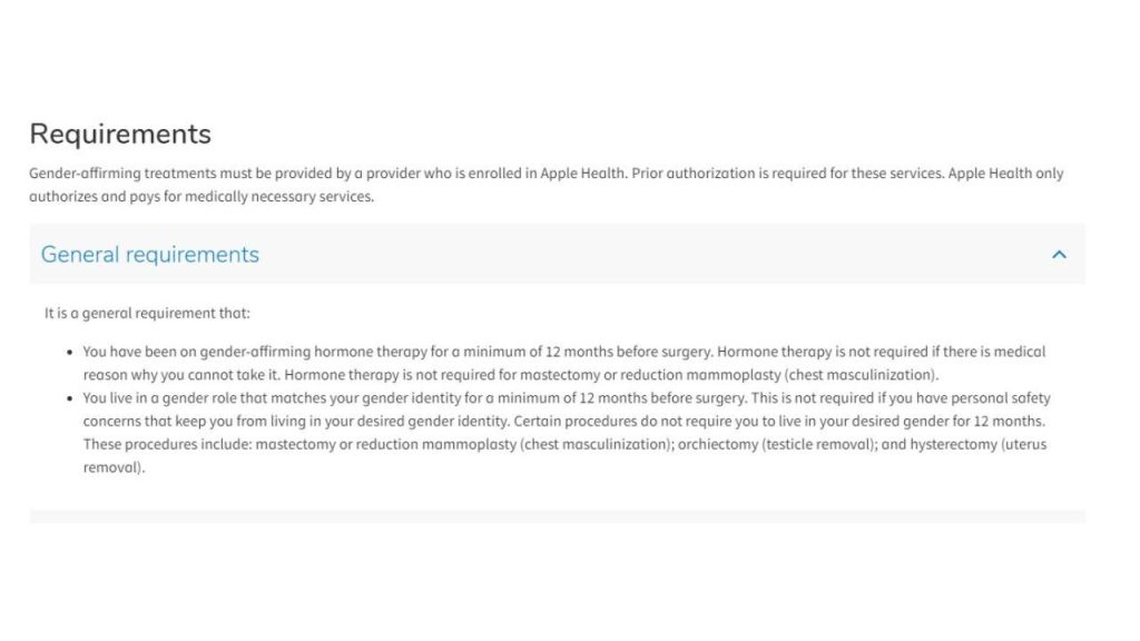 screenshot of the WA Medicaid (Apple Health) prior authorization requirements for gender affirming surgeries
