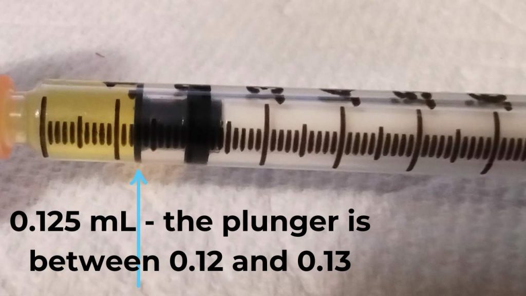 Close up image of a syringe with 0.125mL of olive oil in the chamber.  Text on the image reads "0.125 ml - the plunger is between the 0.12 and 0.13."  A light blue arrow points to the plunger's position.