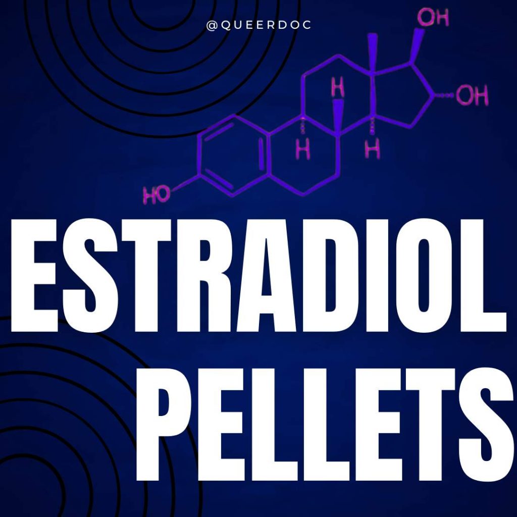 Drawing of an estradiol molecule in bright purple with the hydrogen and oxygen labels in bright pink against a dark blue background. In all caps white text is the title "Estradiol Pellets." | QueerDoc Estrogen Pellets Implants