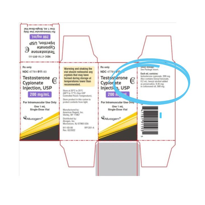 Image of box pattern for a 1 mL vial of testosterone cypionate 200 mg/mL showing how the outer box surface is printed.  The ingredients panel is circled in blue. | QueerDoc single-use vial