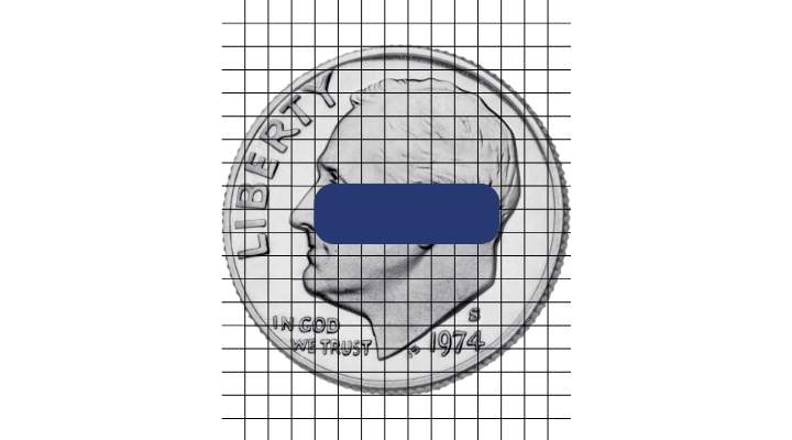 Depiction of the estimated size of a Testopel pellet.  A United States dime (heads!) is pictured with a grid on top of it. The grid is about 15 squares across.  A dark blue rounded-corner rectangle is placed in the center of the dime, measuring roughly 2.5 by 7 squares.  The colored rectangle is smaller than the width of Franklin D. Roosevelt's head on the dime and about the height of FDR's nose.