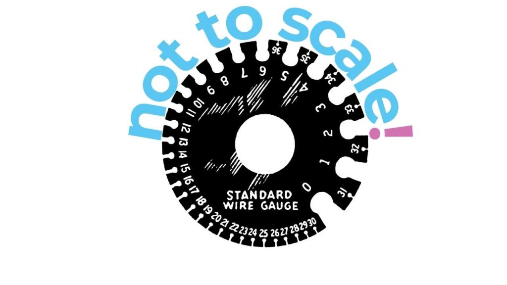 Image of a circular wire gauge wheel. The tool has cut outs in progressive gauges around the outside diameter of the wheel.  The wheel is black and each cut out is labeled in white with the number of the gauge next to the corresponding size cutout.  Blue lowercase text curved around the top of the wheel reads "not to scale" with a pink exclamation mark.