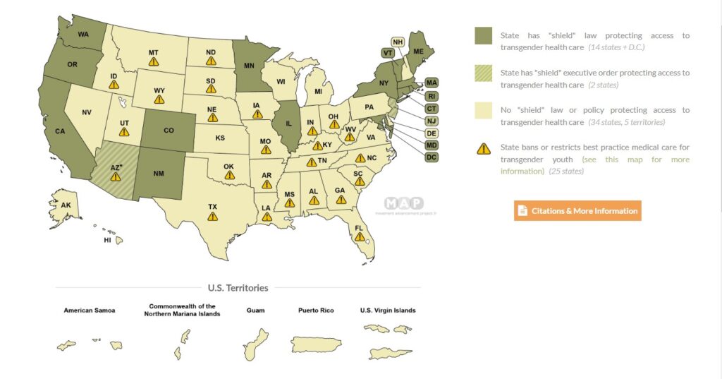 Map of the United States showing states with shield laws protecting gender affirming care. The affirming states are in green: Washington, Oregon, California, Arizona, Colorado, New Mexico, Minnesota, Illinois, New York, Vermont, Maine, Massachusetts, Rhode Island, Connecticut, New Jersey, Maryland, and Washington, D.C. From the Movement Advancement Project, 7/4/2024.