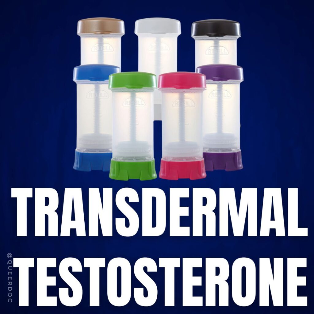 Image of seven click-type dosing applicators with different colored tops and bases on a dark blue background. Text in bold white caps reads "Transdermal testosterone." | QueerDoc Transdermal Testosterone