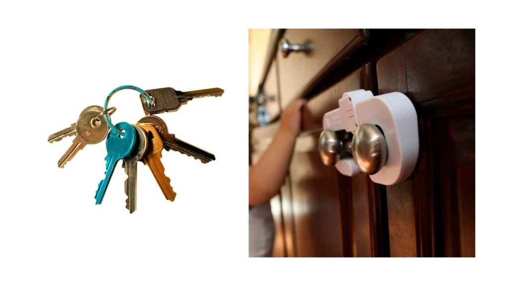 Two images side by side. The image on the left is key ring with several small keys that look like house keys or drawer keys. One key is metallic blue and the keyring is metallic blue. The image on the right is a toddler lock mechanism placed over the metal handle knobs of a wooden kitchen cupboard. A toddler's hand and arm is in the background. | QueerDoc weight loss