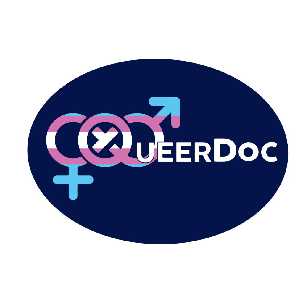 QueerDoc logo on a dark blue square background.
Trans infinity symbol of a woman symbol (circle with a plus sign centered at the bottom of the circle) and the male symbol (circle with an arrow pointing to the upper right) are joined in an infinity loop. Superimposed on the loop is a third circle: the Q. The Q trans infinity sympol is in the colors of the trans pride flag (blue, pink, white). On the right hand side of the Q, "QueerDoc" is spelled out in white block lettering. | TDOV