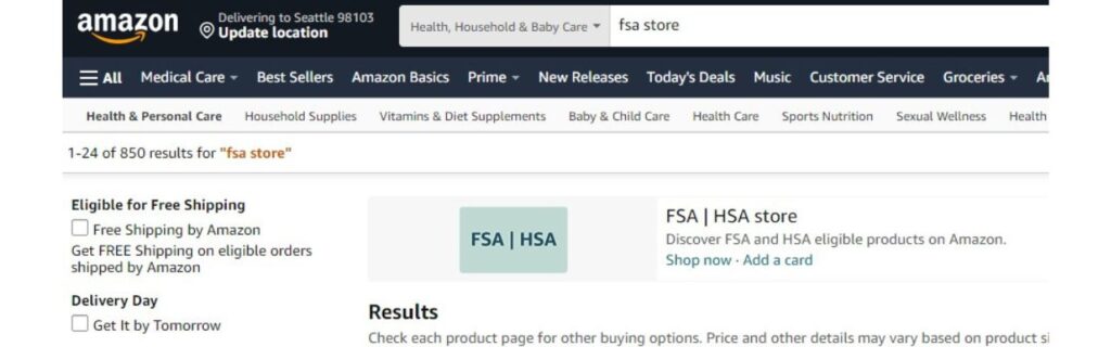 Screenshot of the FSA|HSA store at Amazon.com. Text only. |QueerDoc DME