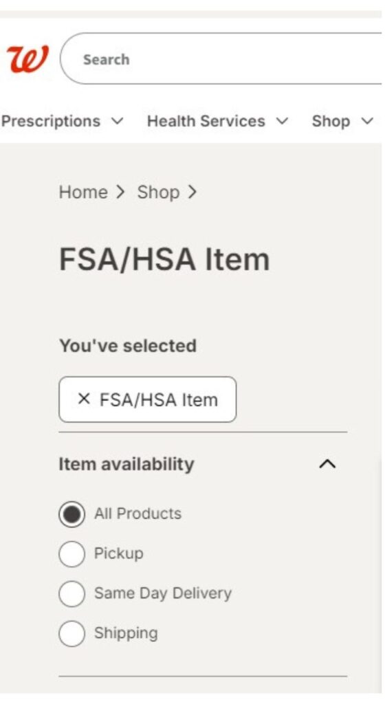 Screenshot of the Walgreens.com search result for "FSA/HSA item". Text only. |QueerDoc DME