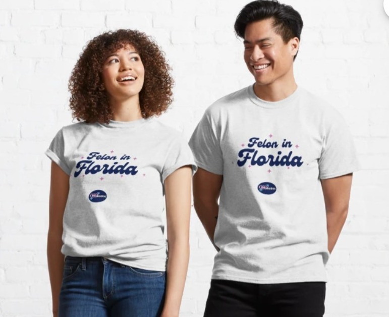 Two people in light grey tee shirts and blue jeans stand against a white brick wall. The tee shirts read "Felon in Florida" in dark blue cursive text and have the QueerDoc oval logo. | Checking In