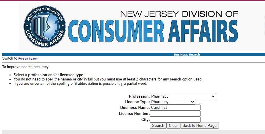 Screenshot of New Jersey business license look up tool To find Care First's license, choose "Pharmacy" in both the Profession and License Type drop downs, and enter "CareFirst" in the business name field. | QueerDoc Compounding pharmacies