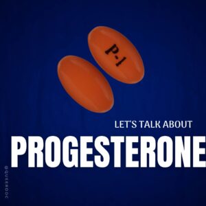 Two orange capsules are on a dark blue background. One is marked with "P-1." Text in all white caps reads "Let's talk about progesterone"