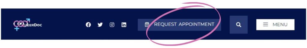 Screenshot of QueerDoc's website top banner with the Request Appointment button circled in pink.