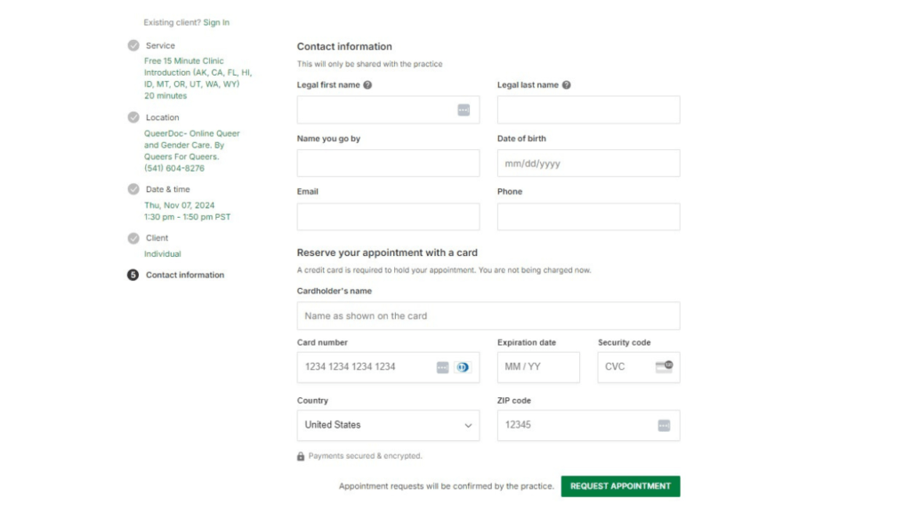 Step 5 of the new patient appointment request process: name, email, date of birth, and credit card details are entered.