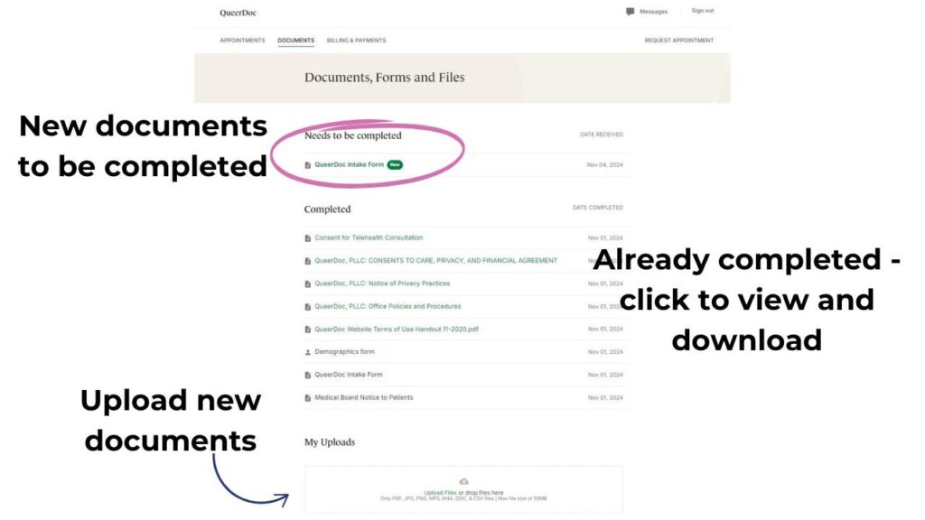 Screenshot of the Documents tab of the secure patient portal. Locations where new documents can be completed and uploaded are identified.
