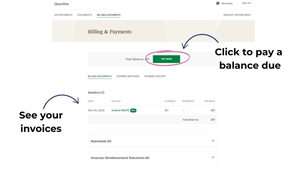 Screenshot of the Billings & Payments tab of the secure patient portal. If the patient has a balance due, a "Pay Now" button will appear. Past and current invoices will also appear.