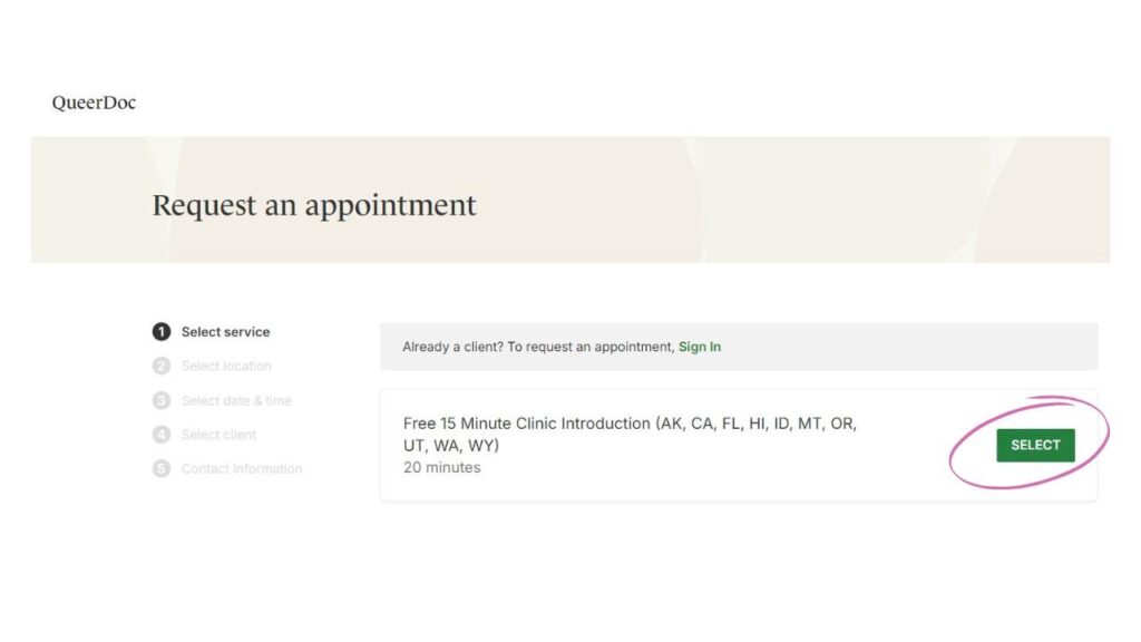 Screenshot of the Request Appointment page for new patients with the green "Select" button circled in pink.