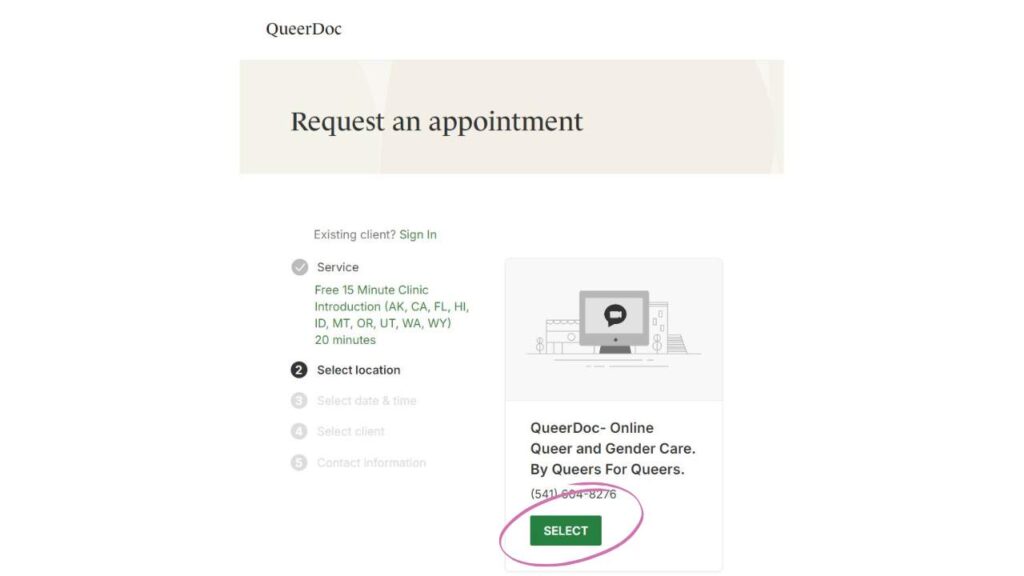 Step 2 of the new patient appointment request process: select a location. This page verifies that the appointment will be online. The green "Select" button is circled in pink.