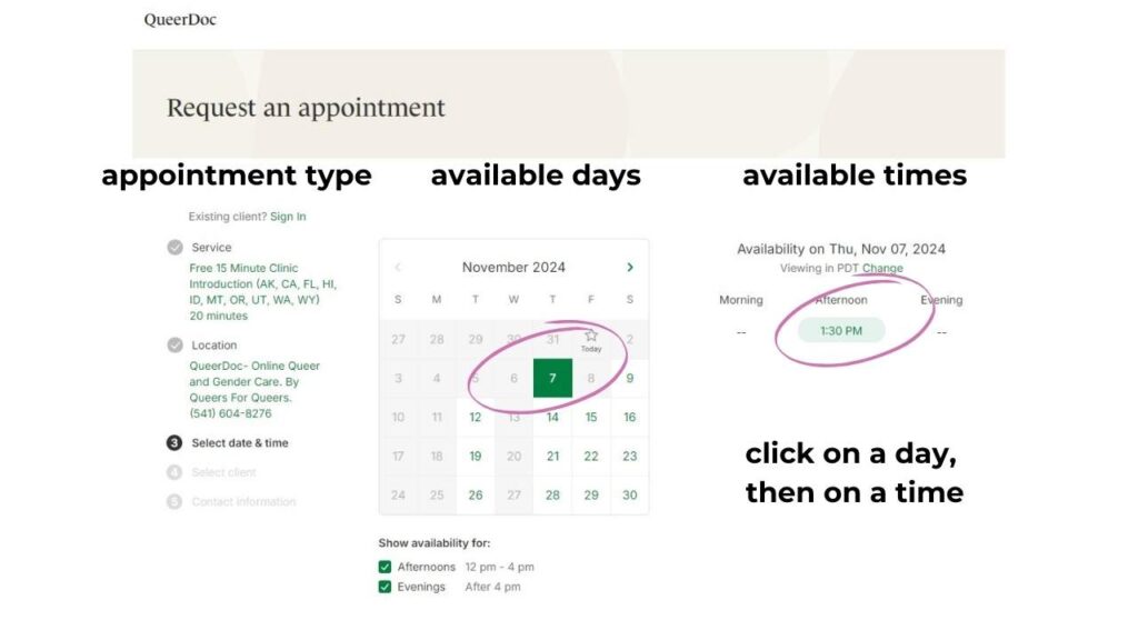 Screenshot of step 3 of the request appointment process for a new patient. The date and time of an appointment is chosen in this screen.