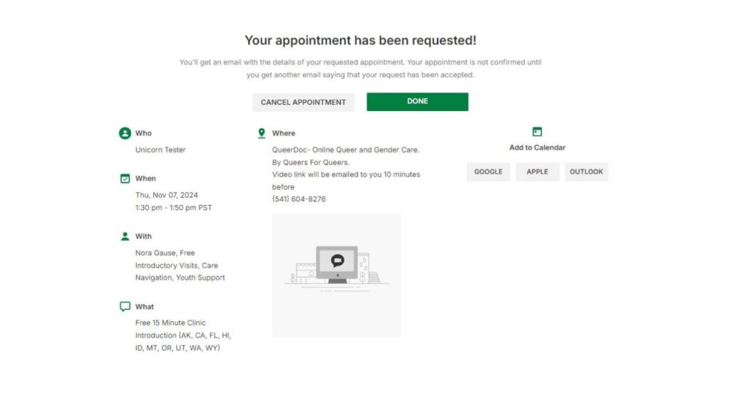 Confirmation screen of the new patient request appointment process. Appointment details are on screen, as well as a cancel button and buttons to add to Google, Apple, and Outlook calendars.