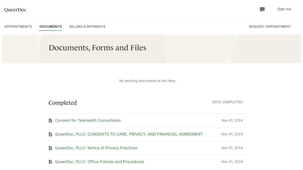 Screenshot of the Documents tab of the secure patient portal.
