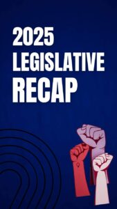 Three raised fists in the lower right corner colored in orange, lavender, and pink against a dark blue background. Text reads "2025 Legislative Recap" in all caps white text.