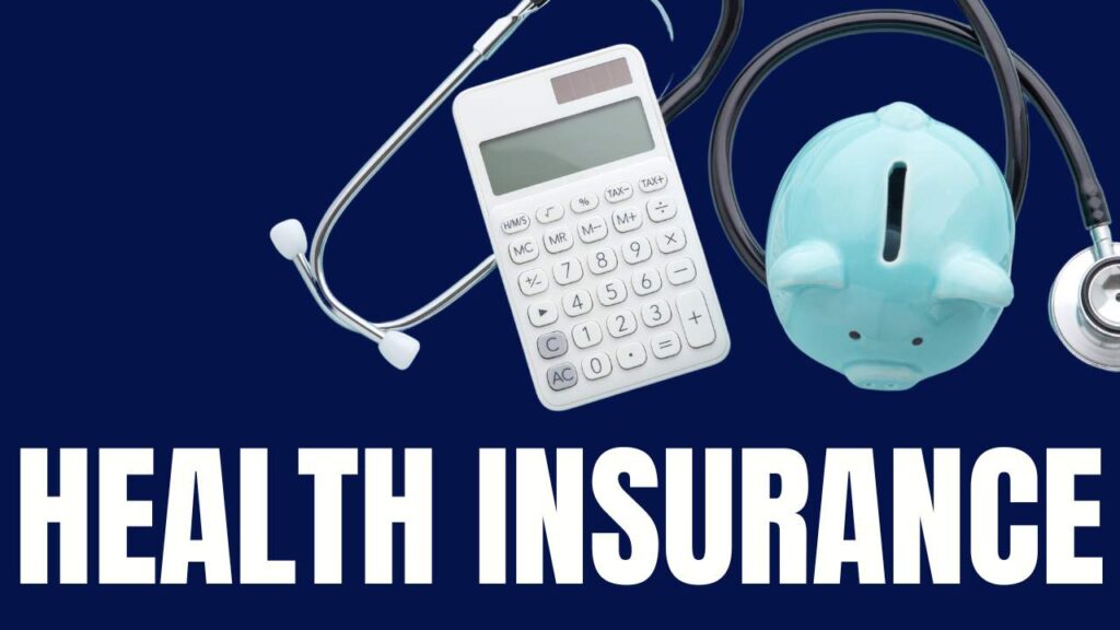 "Health Insurance" in blocky white all caps letters on a dark blue background, at the bottom of the image. The top two-thirds contains a collage image looking down at a chrome and black stethoscope, a white hand-held calculator, and a blue piggy bank. | QueerDoc Health Insurance
