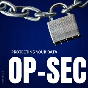 A steel padlock on a chain is at the top of the image against a dark blue background. The text "Protecting your data Op-Sec" is in white blocky capital letters at the bottom of the image along with "@Queerdoc."