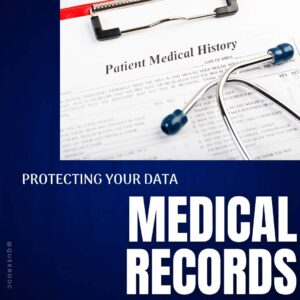 Image of a clipboard with a form on it titled "Patient Medical History." The tips of a stethoscope are on top of the form. Text reads "Protecting Your Data Medical Records" in an all caps white block font. | QueerDoc