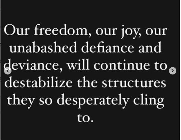 White text on a black background:
Our freedom, our joy, our unabashed defiance and deviance, will continue to destabilize the structures they so desperately cling to. | Chase Strangio on Insta (QueerDoc name changes)