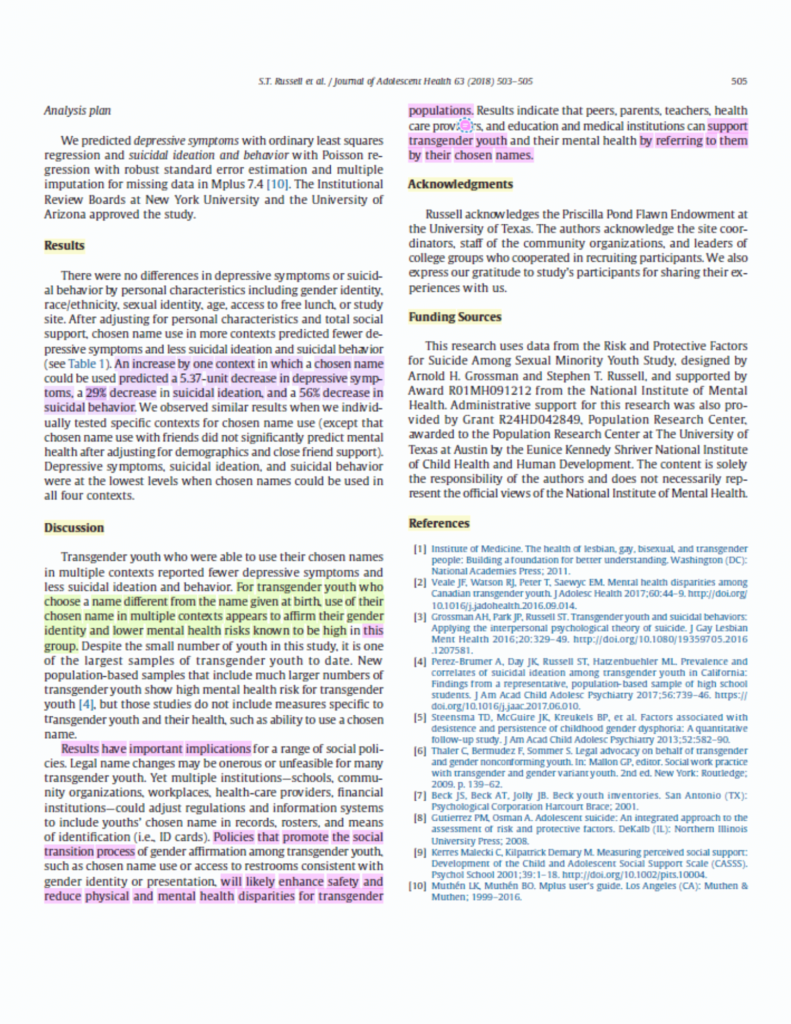 Third page of the article "Chosen Name Use Is Linked to Reduced Depressive Symptoms, Suicidal Ideation, and Suicidal Behavior Among Transgender Youth" from the Journal of Adolescent Health, published in 2018. | QueerDoc science