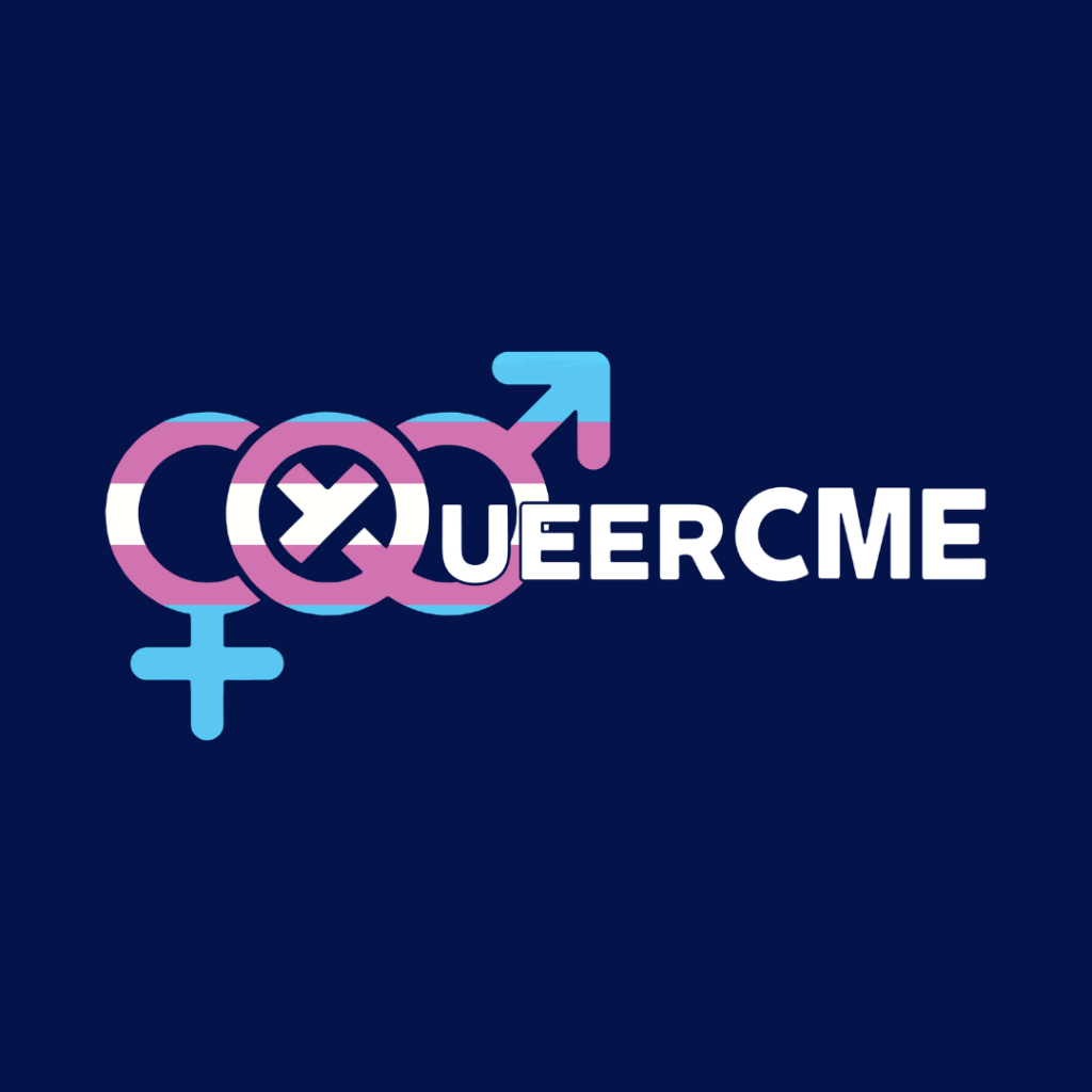 QueerCME logo on a dark blue square background.
Trans infinity symbol of a woman symbol (circle with a plus sign centered at the bottom of the circle) and the male symbol (circle with an arrow pointing to the upper right) are joined in an infinity loop. Superimposed on the loop is a third circle: the Q. The Q trans infinity sympol is in the colors of the trans pride flag (blue, pink, white). On the right hand side of the Q, "QueerCME" is spelled out in white block lettering. | TDOV