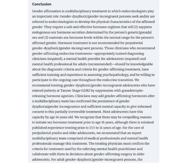 Screenshot of the high level conclusions of the guideline task force showing the conclusions for adolescents.