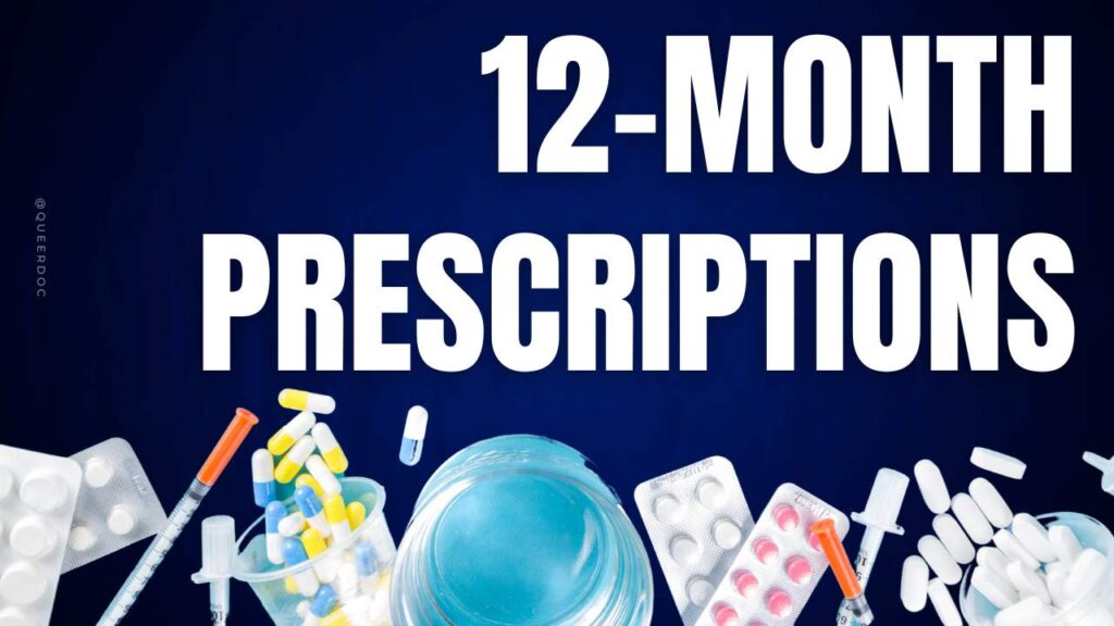 The words "12-Month Prescriptions" are in bold all white all caps text in the top half of the image, justified right. The bottom third of the image is a row of various forms of medications including tablets in blister packs, free capsules, free tablets, and syringes (no needles are visible). @queerdoc is on the left hand side of the image in small text. | WA 12-Month Prescription