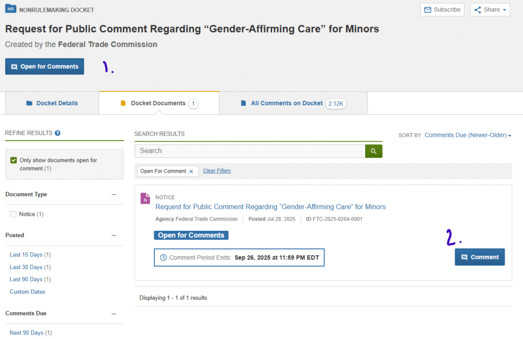 Screenshot of FTC comment page with numbers added to show where each step in the comment process happens.