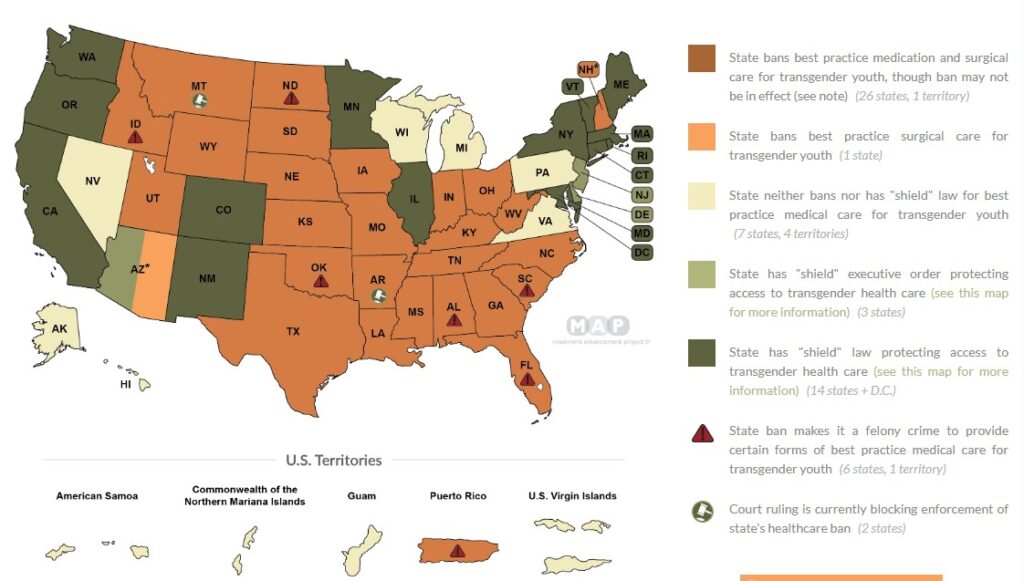 Screenshot of the Movement Advancement Project's map of shield and ban states for best practice medical care for transgender youth. Accessed 10 27 2025.