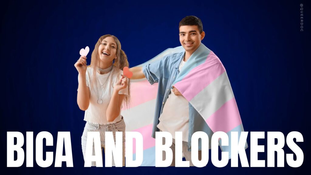 Two young people are in the center of the image against a dark blue background. One has wavy long light brown hair, is wearing a white tee and striped pants, and holds up a paper heart in each hand. The other has short dark brown hair, wears a white tee with a blue overshirt, and is holding a transgender pride flag around one shoulder and the other arm is extended behind the first young person.  Text reads "Bica and Blockers".  QueerDoc | bicalutamide
