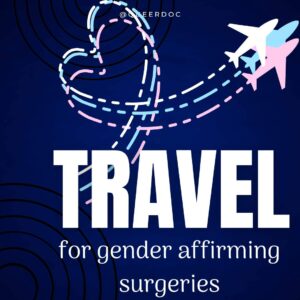 Depictions of three overlapping airplains in white, blue, and pink are in the top right corner of the image. They each have a dotted line trail behind them that forms the shape of a heart. The text "Travel for gender affirming surgeries" is in white text. The image background is dark blue. | QueerDoc international travel for gender affirming surgeries