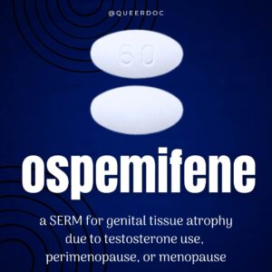 Two white long oval tablets are centered in the top half of a dark blue background. They are placed like horizontal parallel lines, and the top tablet has "60" pressed into the surface.  Text in white font reads "ospemifene a SERM for genital tissue atrophy due to testosterone use, perimenopause, or menopause."  @QueerDoc is at the top of the image.

