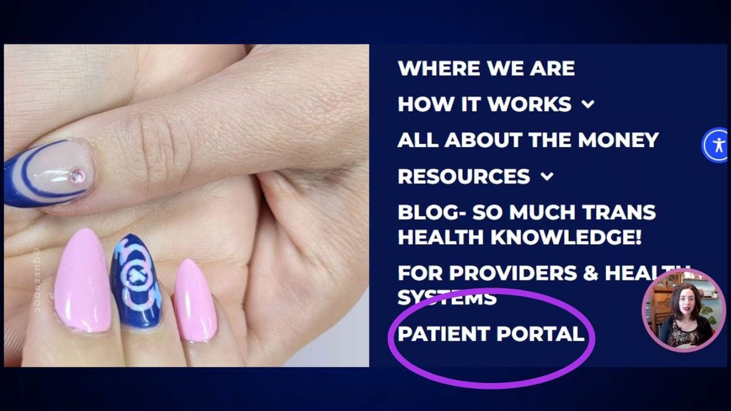 Screenshot of the side navigation menu at queerdoc.com with the link to the Patient Portal circled in purple. The portal link is the last link in the nav menu. | Contact QueerDoc